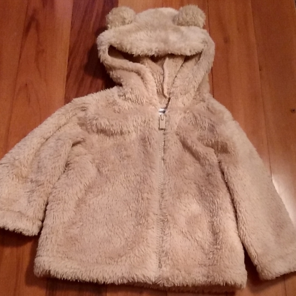 Old Navy 6-12 Months Baby Tan Fuzzy Fleece Zip-Up Hooded Jacket with Bear Ears